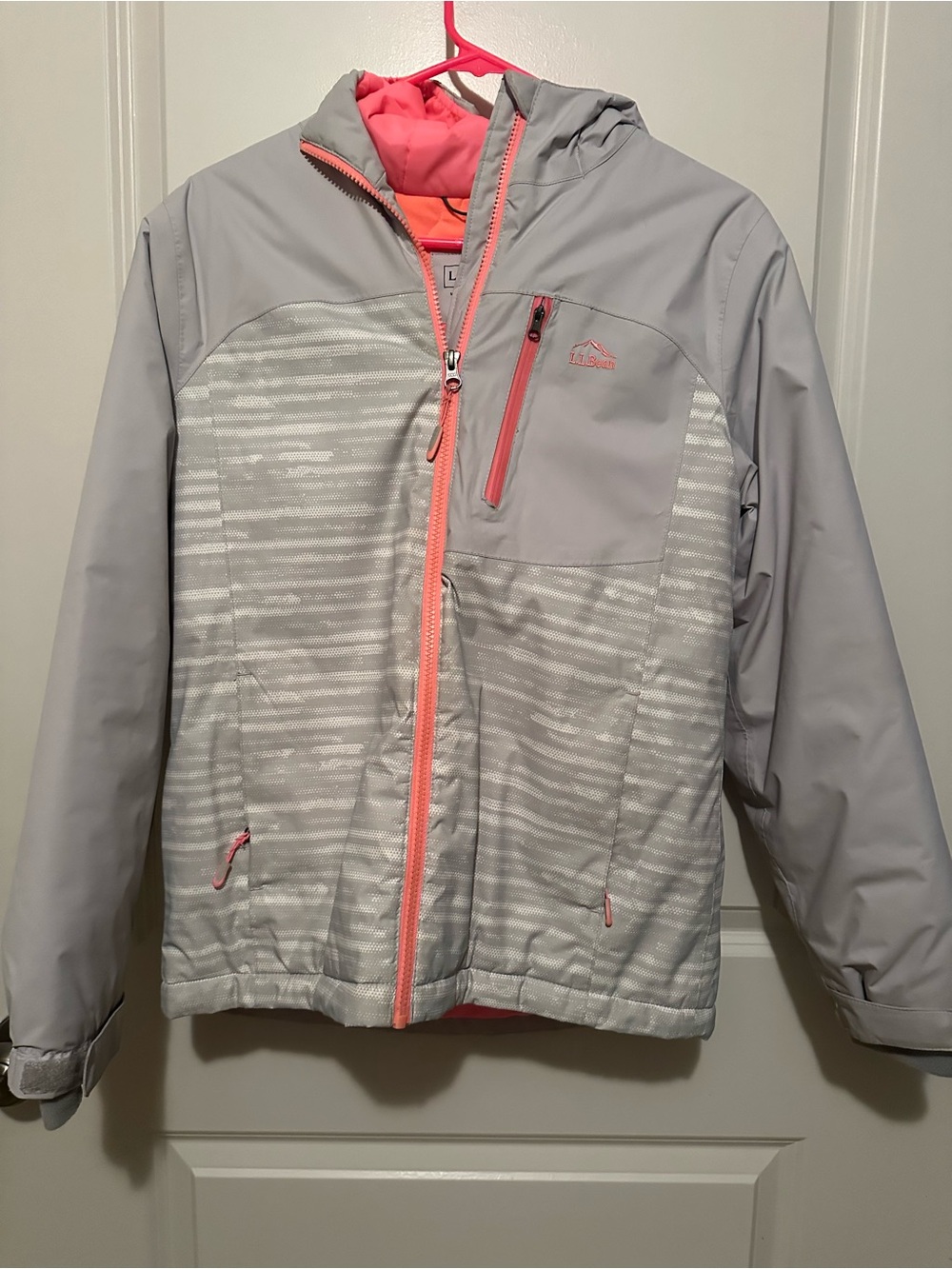 L.L. Bean Light Gray & Coral Hooded Puffer Jacket